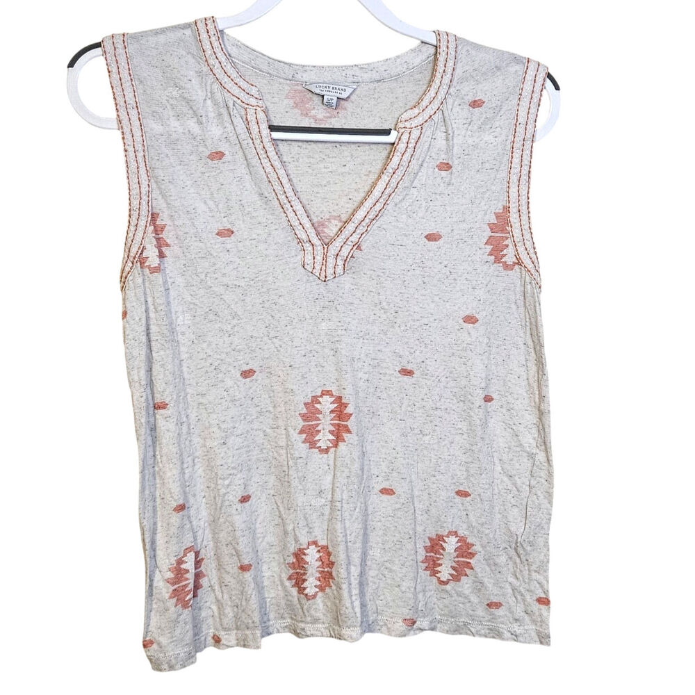 Lucky Brand Size Small S Blouse Heathered White Coral Pink Embroidered Top
